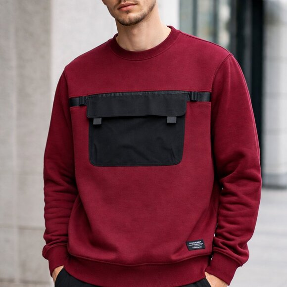 WeSC Miles Streetwear Utility Crimson Maroon Pullover Fleece Sweatshirt LG NWT - Picture 1 of 13